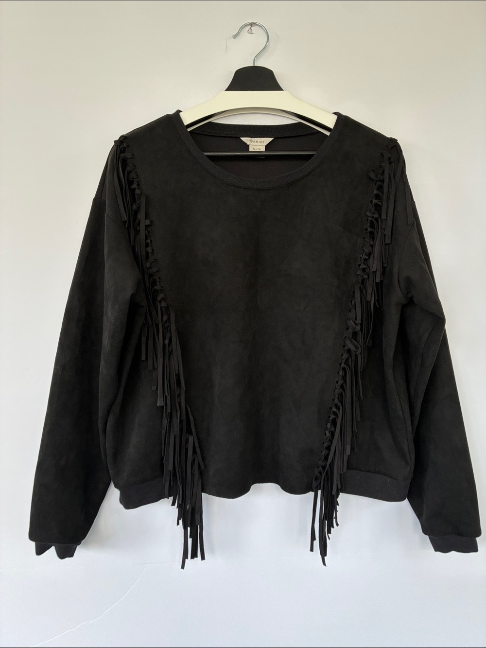 Ariat Faux Suede Fringe Crewneck Sweatshirt Western Black XL